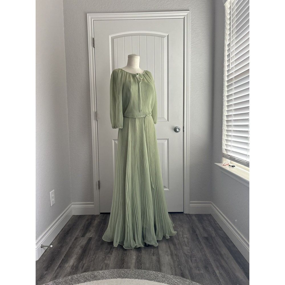Vintage Full Sweep Crystal Pleat‎ Chiffon Dress  Long Sleeve Jacket Sage Green